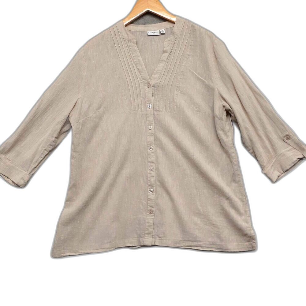 Kim Rogers Womens Linen Cotton Blouse Size XL Button Up Roll Tab Sleeve Pintuck